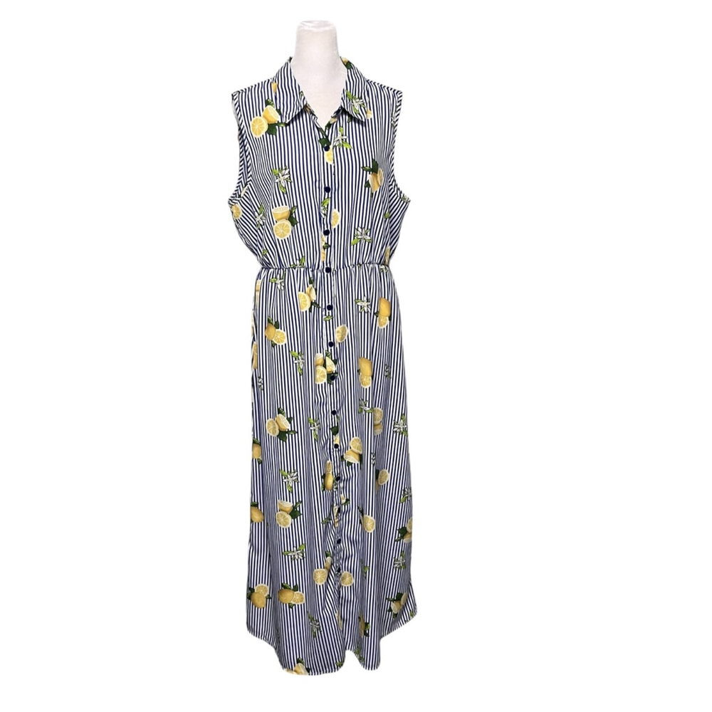 Mlle Gabrielle Blue Striped Lemon Print Button Down Shirt Maxi Dress Size XL - Picture 2 of 7